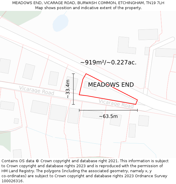 MEADOWS END, VICARAGE ROAD, BURWASH COMMON, ETCHINGHAM, TN19 7LH: Plot and title map