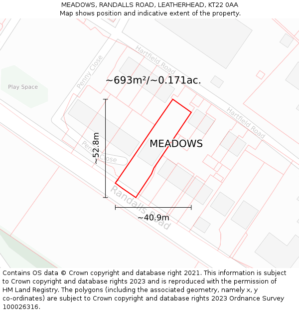 MEADOWS, RANDALLS ROAD, LEATHERHEAD, KT22 0AA: Plot and title map