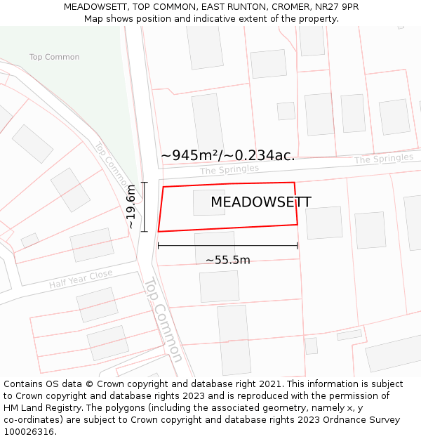 MEADOWSETT, TOP COMMON, EAST RUNTON, CROMER, NR27 9PR: Plot and title map