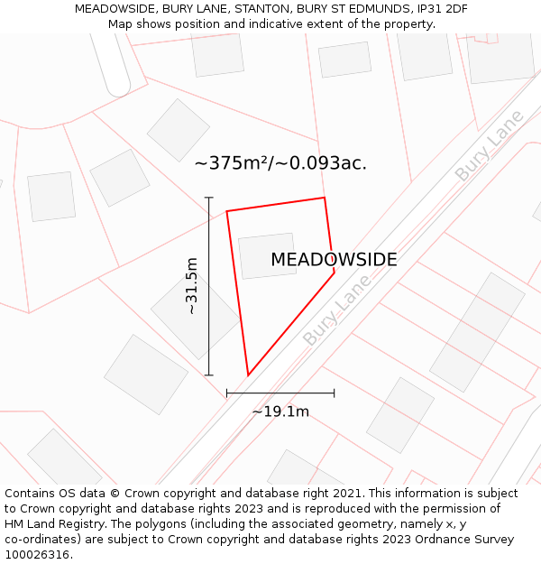 MEADOWSIDE, BURY LANE, STANTON, BURY ST EDMUNDS, IP31 2DF: Plot and title map