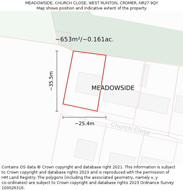 MEADOWSIDE, CHURCH CLOSE, WEST RUNTON, CROMER, NR27 9QY: Plot and title map