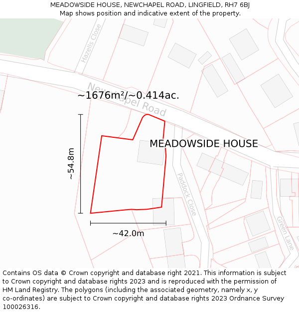 MEADOWSIDE HOUSE, NEWCHAPEL ROAD, LINGFIELD, RH7 6BJ: Plot and title map