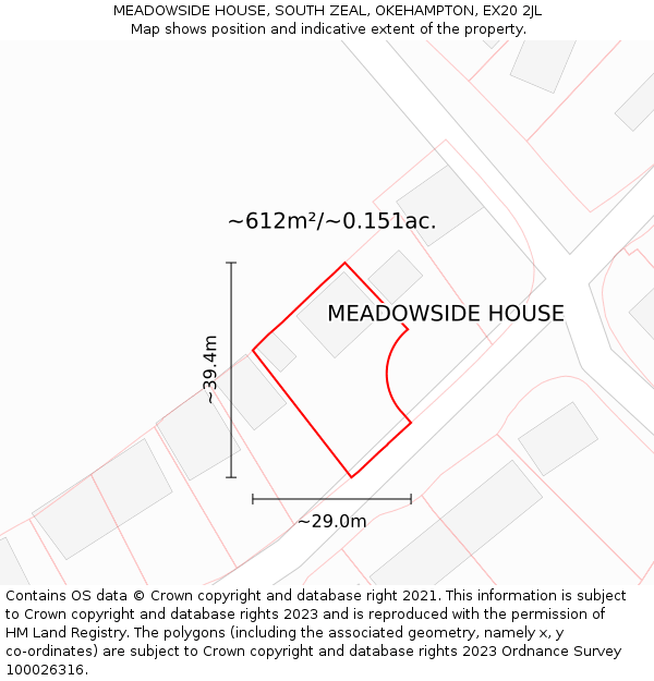 MEADOWSIDE HOUSE, SOUTH ZEAL, OKEHAMPTON, EX20 2JL: Plot and title map
