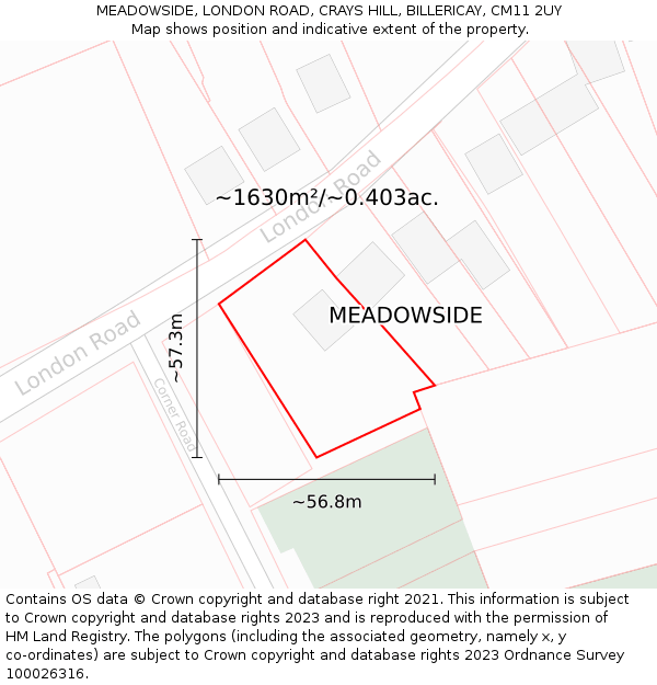 MEADOWSIDE, LONDON ROAD, CRAYS HILL, BILLERICAY, CM11 2UY: Plot and title map
