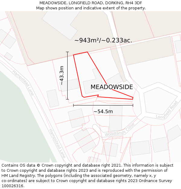MEADOWSIDE, LONGFIELD ROAD, DORKING, RH4 3DF: Plot and title map