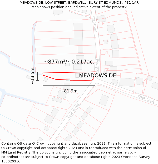 MEADOWSIDE, LOW STREET, BARDWELL, BURY ST EDMUNDS, IP31 1AR: Plot and title map