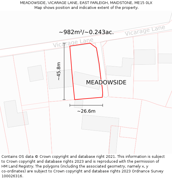 MEADOWSIDE, VICARAGE LANE, EAST FARLEIGH, MAIDSTONE, ME15 0LX: Plot and title map