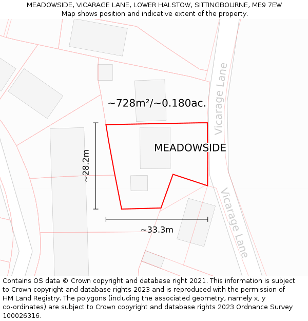 MEADOWSIDE, VICARAGE LANE, LOWER HALSTOW, SITTINGBOURNE, ME9 7EW: Plot and title map