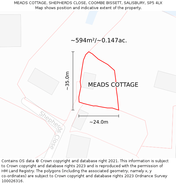 MEADS COTTAGE, SHEPHERDS CLOSE, COOMBE BISSETT, SALISBURY, SP5 4LX: Plot and title map