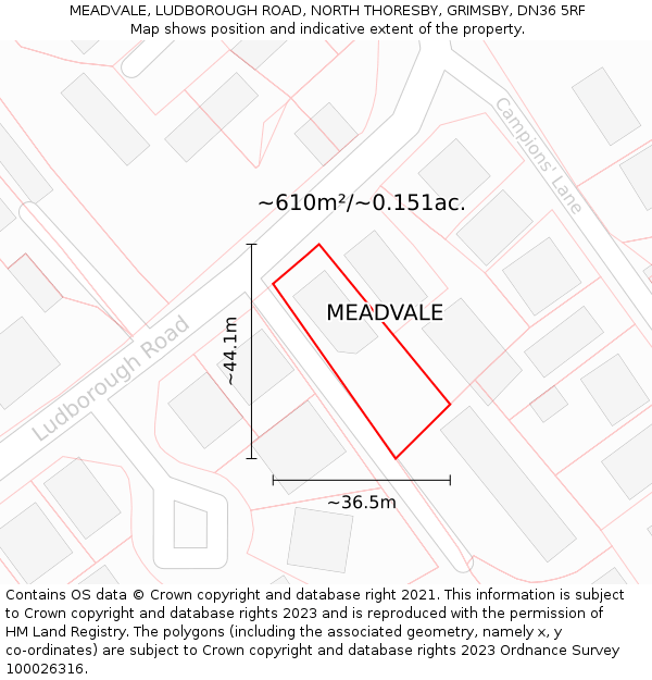 MEADVALE, LUDBOROUGH ROAD, NORTH THORESBY, GRIMSBY, DN36 5RF: Plot and title map