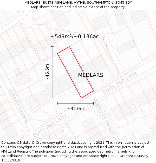 MEDLARS, BUTTS ASH LANE, HYTHE, SOUTHAMPTON, SO45 3QY: Plot and title map