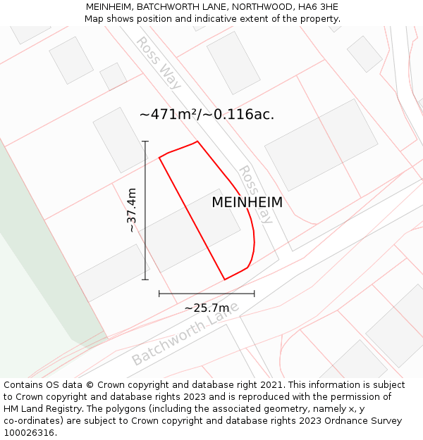 MEINHEIM, BATCHWORTH LANE, NORTHWOOD, HA6 3HE: Plot and title map