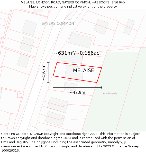 MELAISE, LONDON ROAD, SAYERS COMMON, HASSOCKS, BN6 9HX: Plot and title map