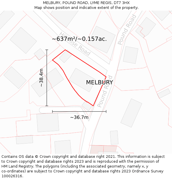 MELBURY, POUND ROAD, LYME REGIS, DT7 3HX: Plot and title map