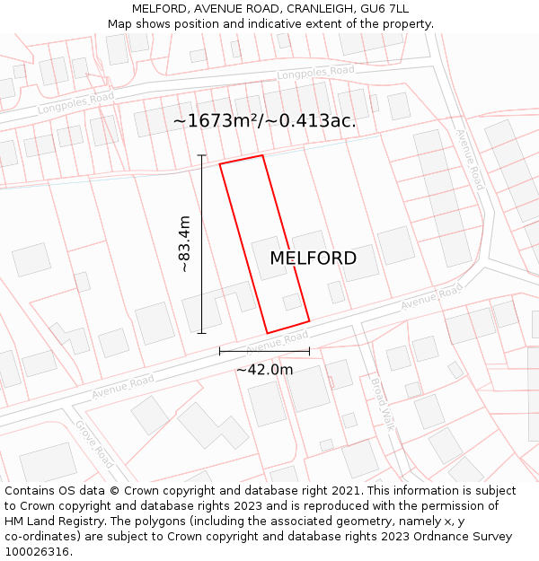 MELFORD, AVENUE ROAD, CRANLEIGH, GU6 7LL: Plot and title map