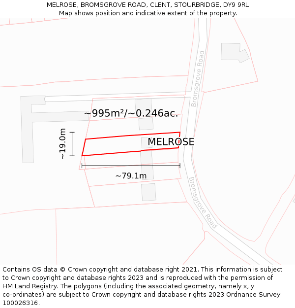 MELROSE, BROMSGROVE ROAD, CLENT, STOURBRIDGE, DY9 9RL: Plot and title map