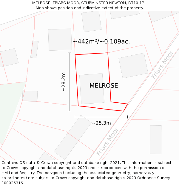MELROSE, FRIARS MOOR, STURMINSTER NEWTON, DT10 1BH: Plot and title map