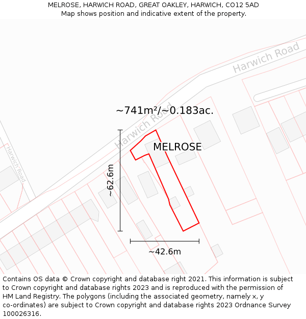 MELROSE, HARWICH ROAD, GREAT OAKLEY, HARWICH, CO12 5AD: Plot and title map