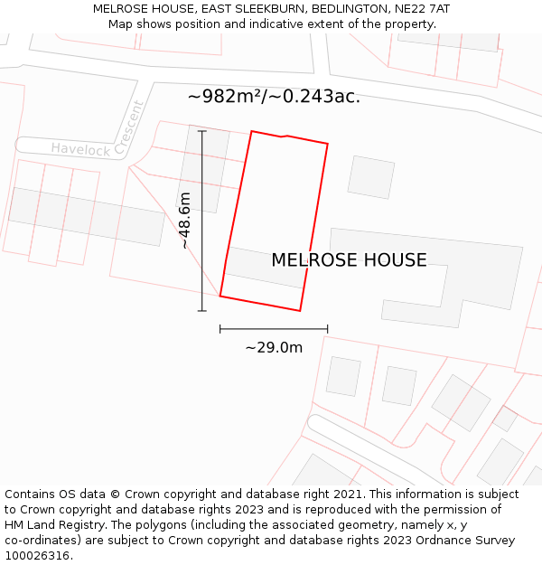 MELROSE HOUSE, EAST SLEEKBURN, BEDLINGTON, NE22 7AT: Plot and title map