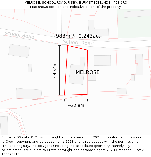 MELROSE, SCHOOL ROAD, RISBY, BURY ST EDMUNDS, IP28 6RQ: Plot and title map