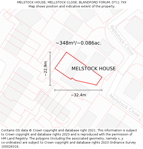 MELSTOCK HOUSE, MELLSTOCK CLOSE, BLANDFORD FORUM, DT11 7XX: Plot and title map