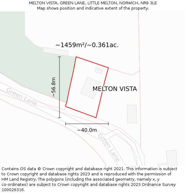 MELTON VISTA, GREEN LANE, LITTLE MELTON, NORWICH, NR9 3LE: Plot and title map