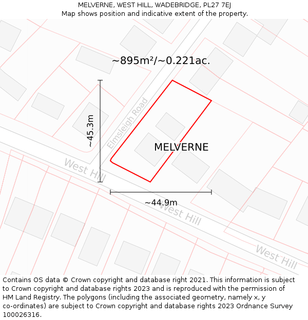 MELVERNE, WEST HILL, WADEBRIDGE, PL27 7EJ: Plot and title map