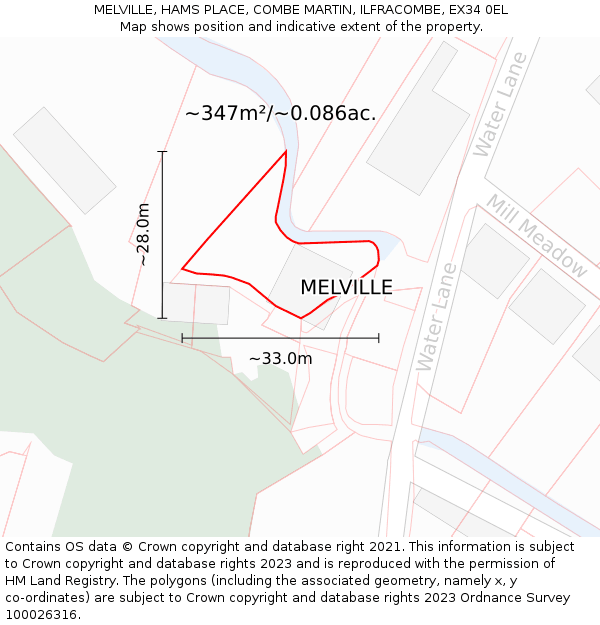 MELVILLE, HAMS PLACE, COMBE MARTIN, ILFRACOMBE, EX34 0EL: Plot and title map