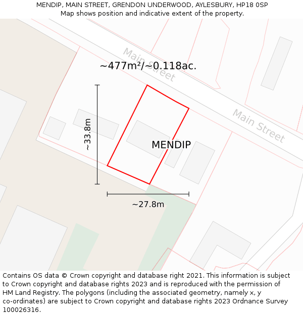 MENDIP, MAIN STREET, GRENDON UNDERWOOD, AYLESBURY, HP18 0SP: Plot and title map