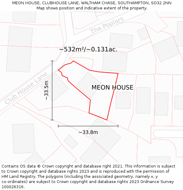 MEON HOUSE, CLUBHOUSE LANE, WALTHAM CHASE, SOUTHAMPTON, SO32 2NN: Plot and title map