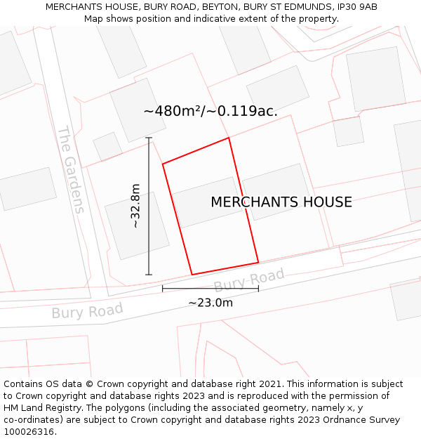 MERCHANTS HOUSE, BURY ROAD, BEYTON, BURY ST EDMUNDS, IP30 9AB: Plot and title map