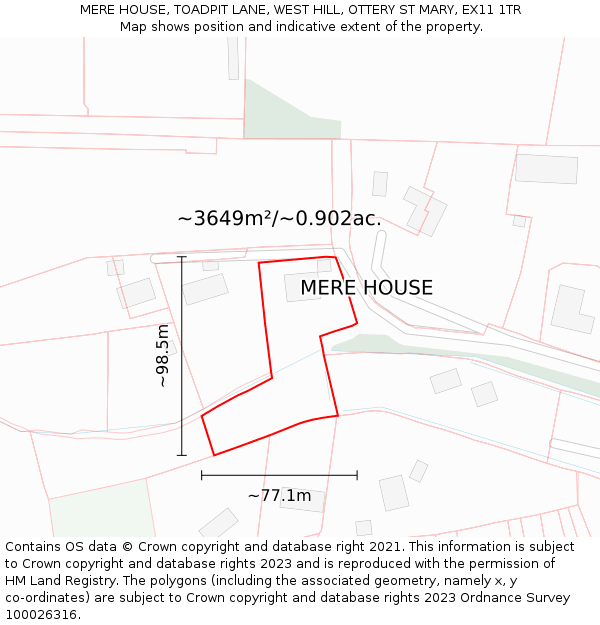 MERE HOUSE, TOADPIT LANE, WEST HILL, OTTERY ST MARY, EX11 1TR: Plot and title map