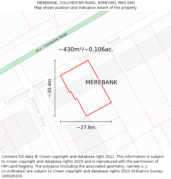 MEREBANK, COLCHESTER ROAD, ROMFORD, RM3 0AN: Plot and title map