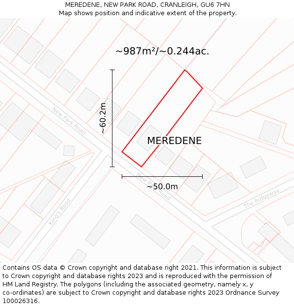 MEREDENE, NEW PARK ROAD, CRANLEIGH, GU6 7HN: Plot and title map
