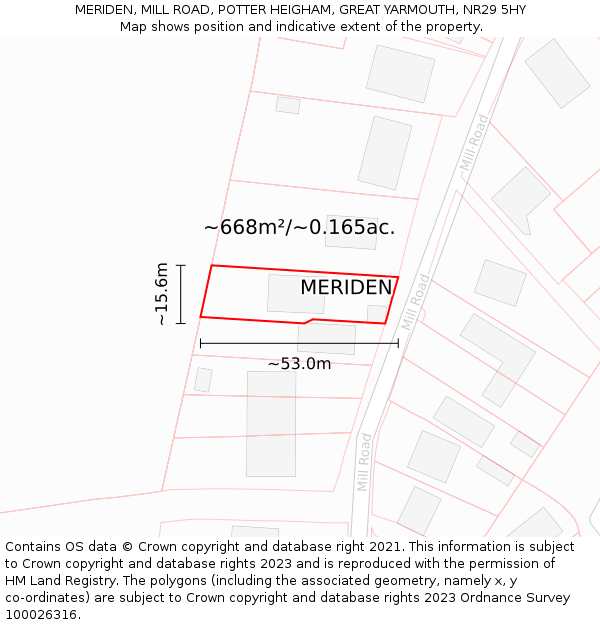 MERIDEN, MILL ROAD, POTTER HEIGHAM, GREAT YARMOUTH, NR29 5HY: Plot and title map