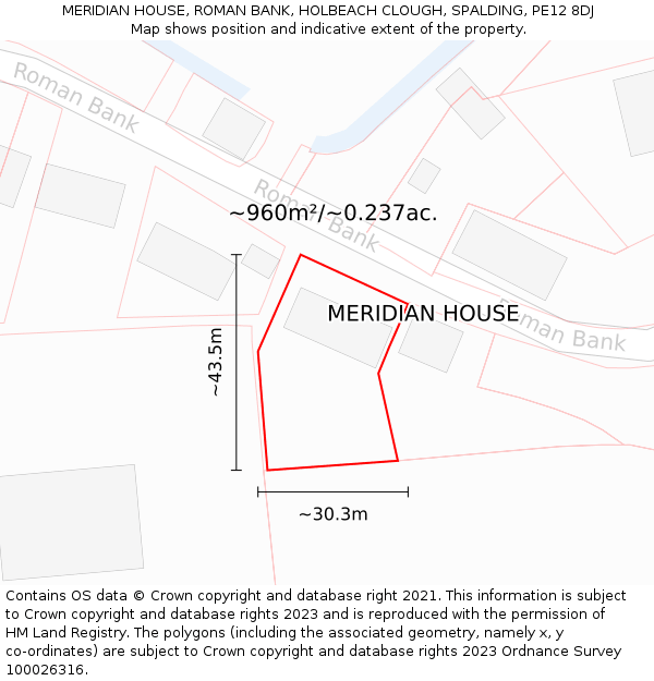 MERIDIAN HOUSE, ROMAN BANK, HOLBEACH CLOUGH, SPALDING, PE12 8DJ: Plot and title map