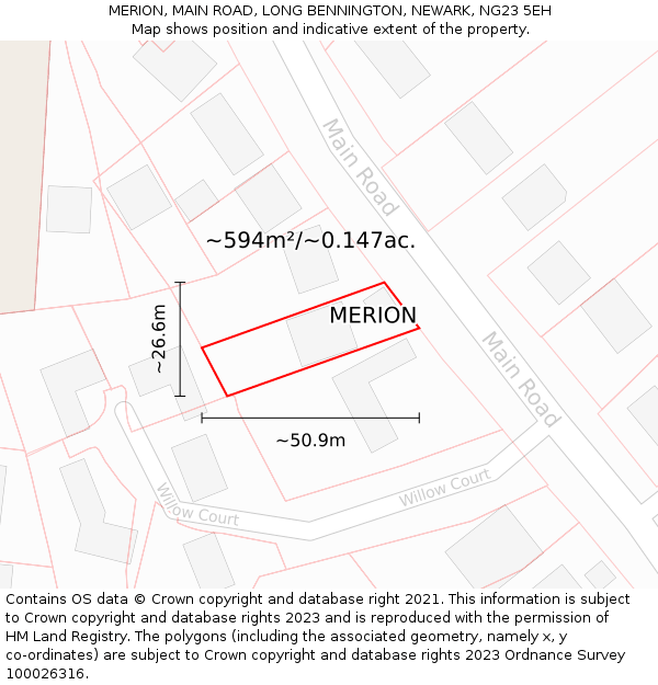 MERION, MAIN ROAD, LONG BENNINGTON, NEWARK, NG23 5EH: Plot and title map