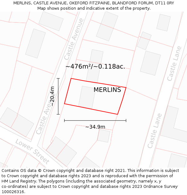 MERLINS, CASTLE AVENUE, OKEFORD FITZPAINE, BLANDFORD FORUM, DT11 0RY: Plot and title map