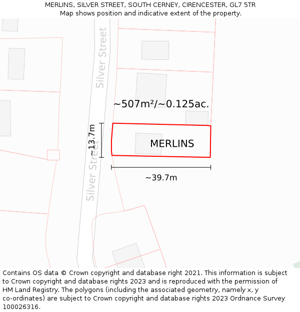MERLINS, SILVER STREET, SOUTH CERNEY, CIRENCESTER, GL7 5TR: Plot and title map