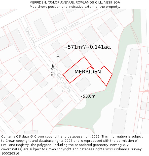 MERRIDEN, TAYLOR AVENUE, ROWLANDS GILL, NE39 1QA: Plot and title map