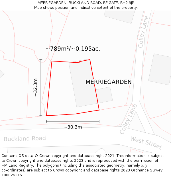 MERRIEGARDEN, BUCKLAND ROAD, REIGATE, RH2 9JP: Plot and title map
