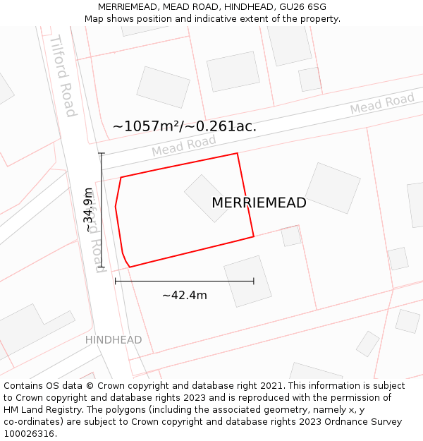 MERRIEMEAD, MEAD ROAD, HINDHEAD, GU26 6SG: Plot and title map