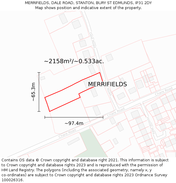 MERRIFIELDS, DALE ROAD, STANTON, BURY ST EDMUNDS, IP31 2DY: Plot and title map