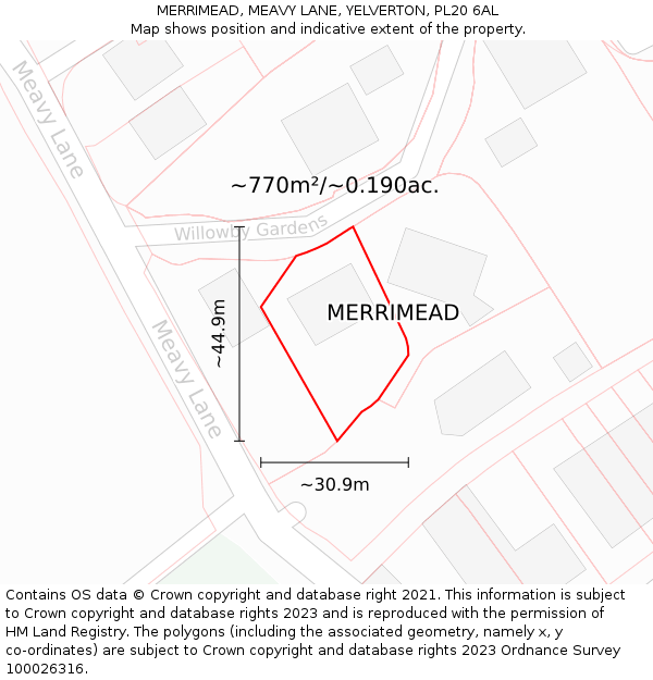 MERRIMEAD, MEAVY LANE, YELVERTON, PL20 6AL: Plot and title map