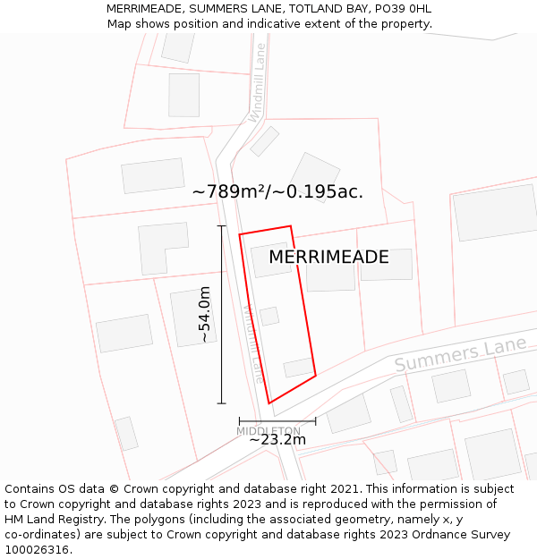 MERRIMEADE, SUMMERS LANE, TOTLAND BAY, PO39 0HL: Plot and title map