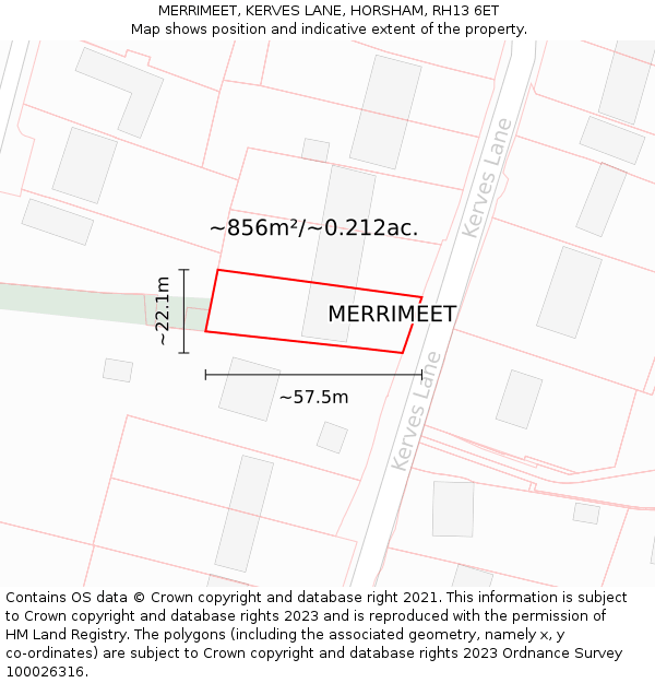 MERRIMEET, KERVES LANE, HORSHAM, RH13 6ET: Plot and title map