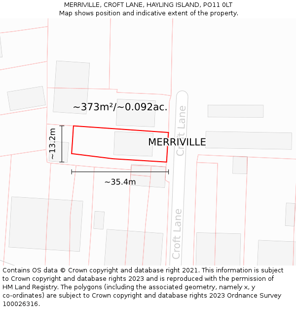 MERRIVILLE, CROFT LANE, HAYLING ISLAND, PO11 0LT: Plot and title map