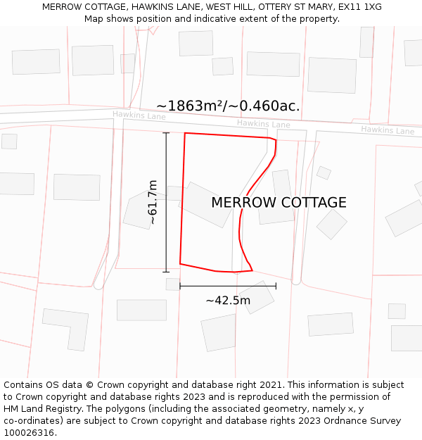 MERROW COTTAGE, HAWKINS LANE, WEST HILL, OTTERY ST MARY, EX11 1XG: Plot and title map
