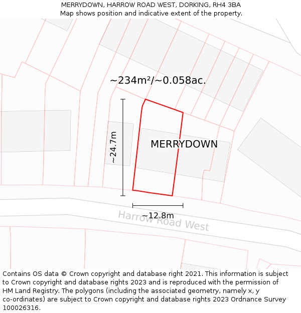 MERRYDOWN, HARROW ROAD WEST, DORKING, RH4 3BA: Plot and title map