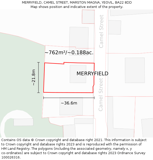 MERRYFIELD, CAMEL STREET, MARSTON MAGNA, YEOVIL, BA22 8DD: Plot and title map